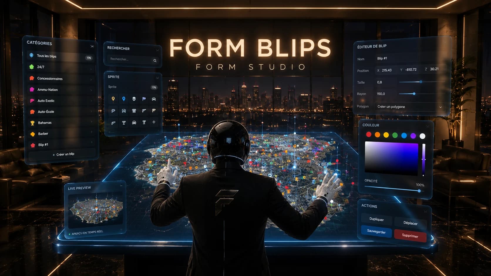 Visuel Form Blips : la carte de Los Santos couverte de marqueurs, entourée des panneaux du gestionnaire